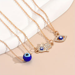3pcs Evil's Eye Pendant Necklaces Rhinestone Inlaid Neck Jewelry Gift