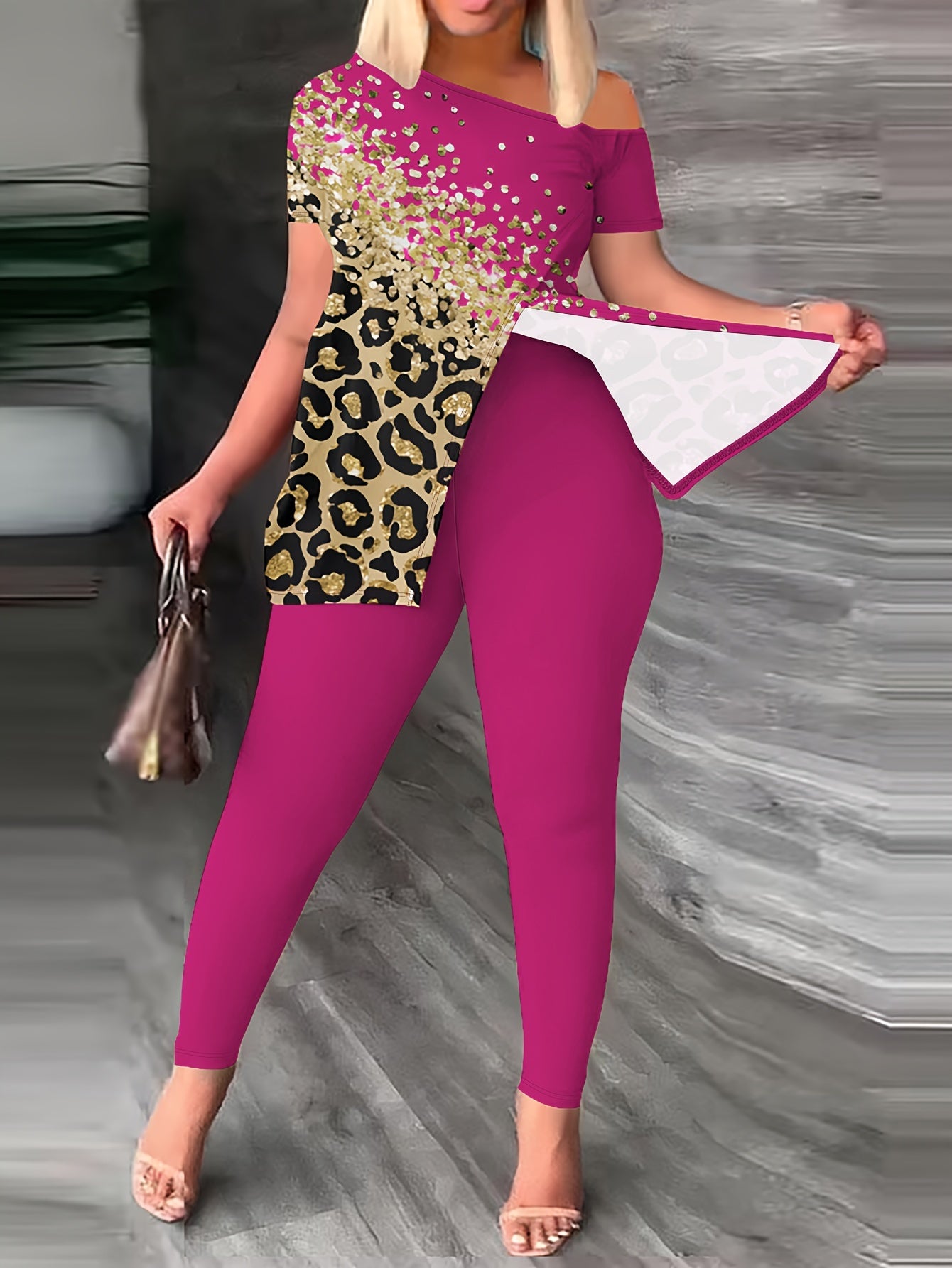  Leopard Print One Shoulder Top & Leggings Set