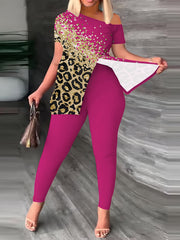  Leopard Print One Shoulder Top & Leggings Set