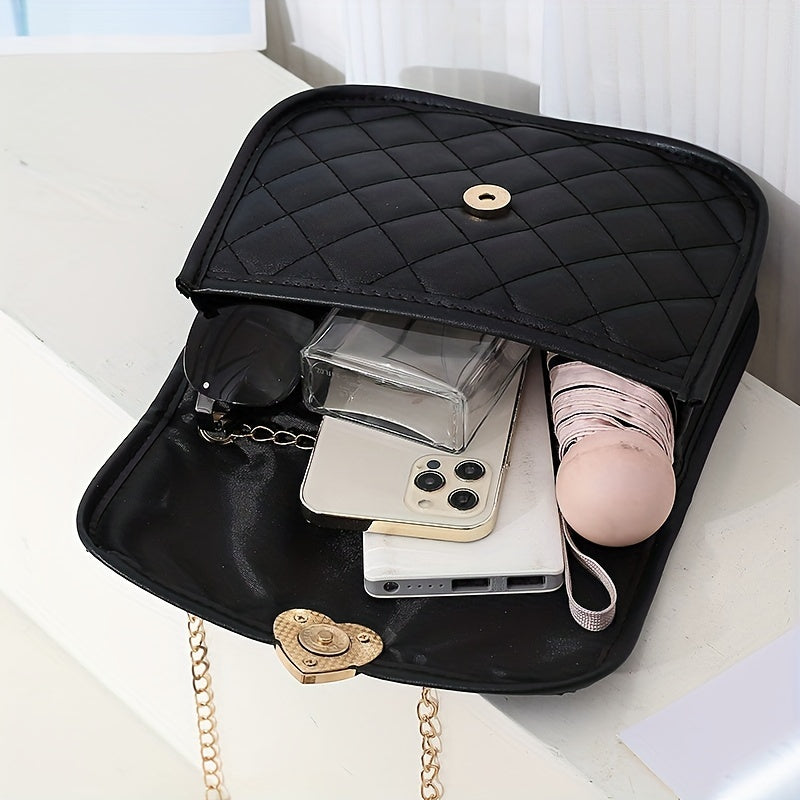 Quilted Crossbody Bag Metal Heart Decor Square Purses