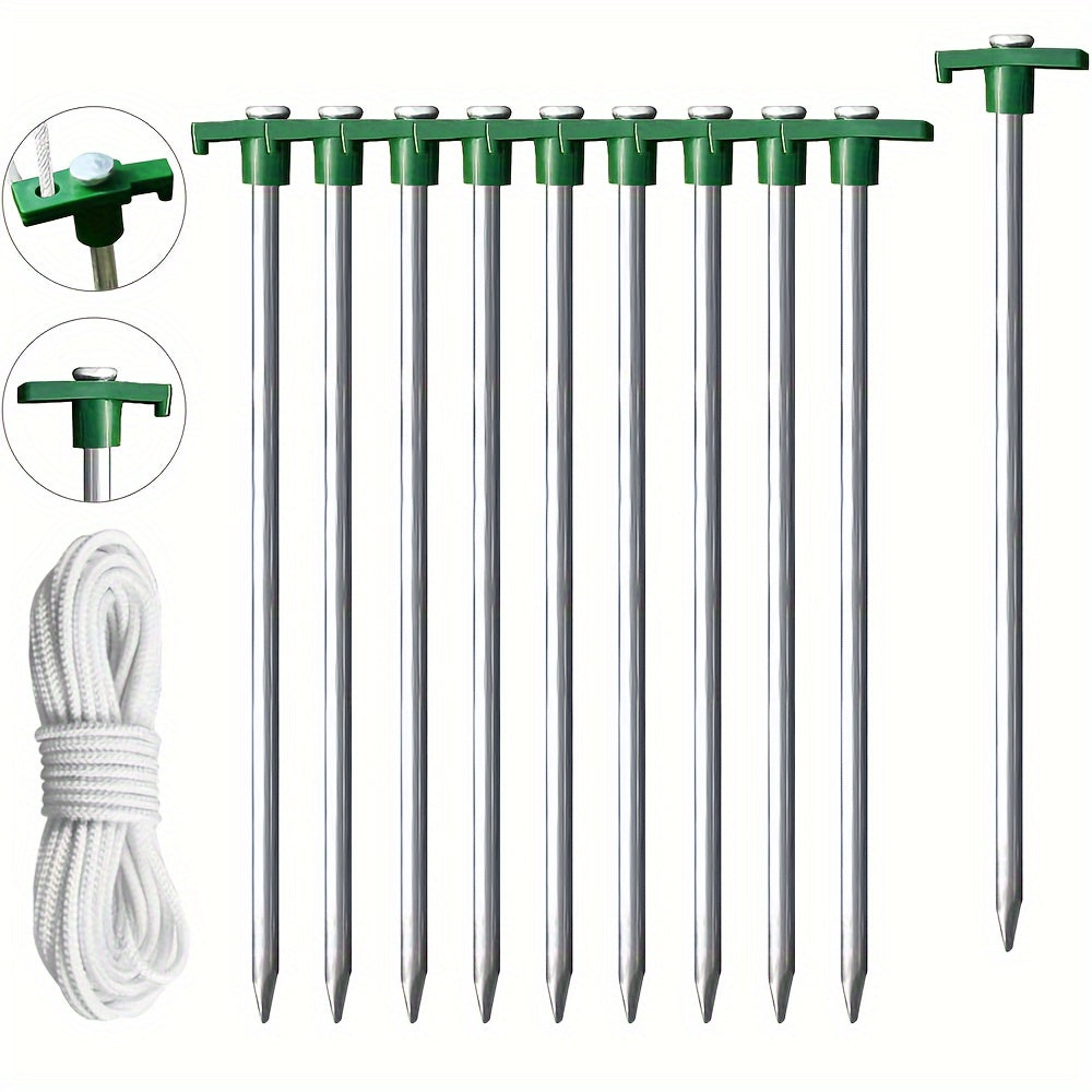 10pcs Stainless Steel Tent Ground Nails with Ropes & Stopper