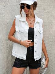 Sleeveless Denim Vest Button Ripped Distressed Jacket