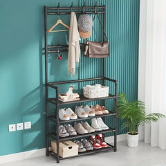 1pc Entrance Coat Rack Foyer Shoe Rack with Storage Shelves & Hooks