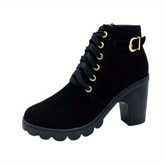 Women's Chunky Heeled Short Boots Lace Up Solid Ankle Boots