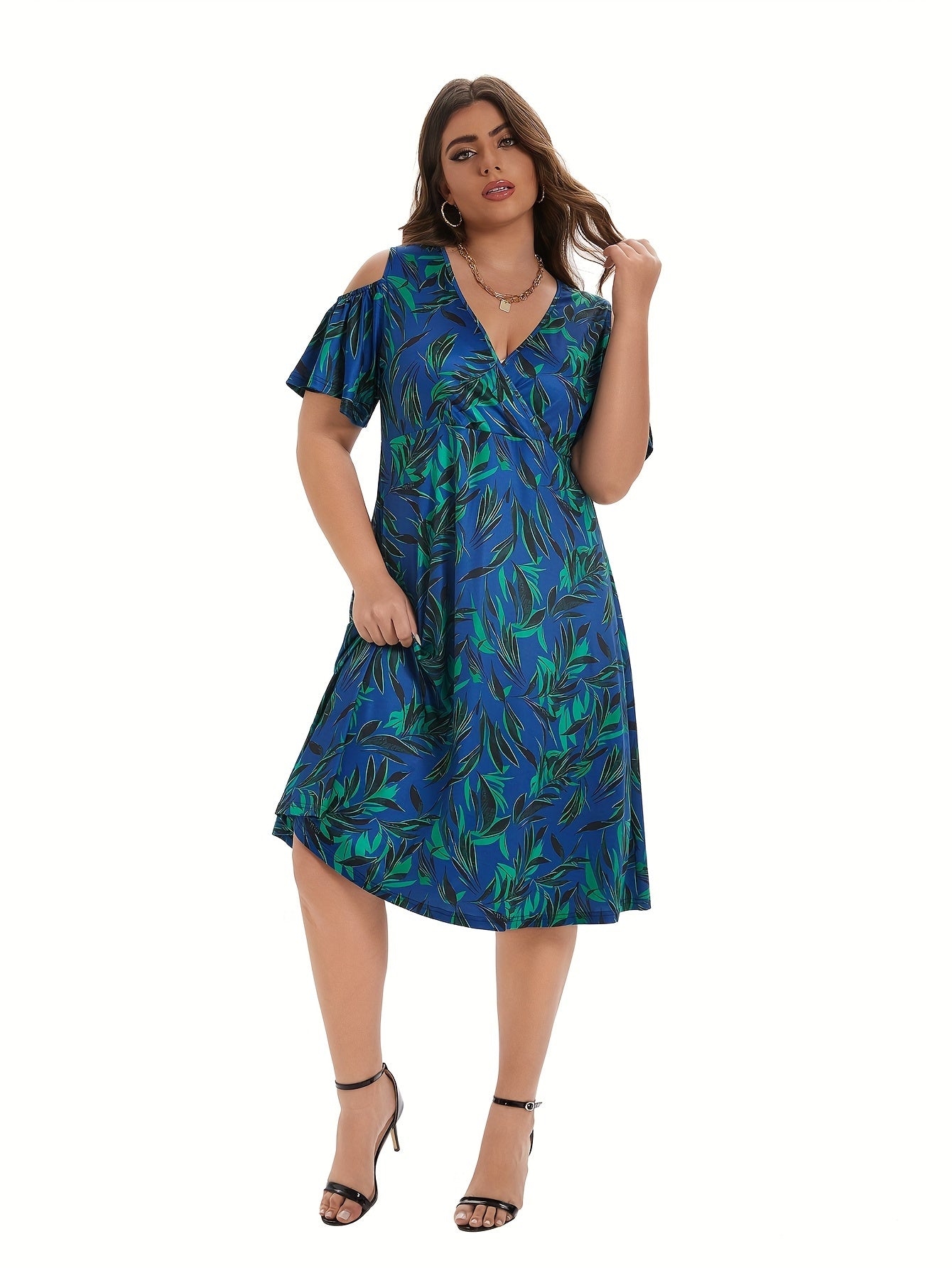 Plus Leaf Print Short Sleeve Cold Shoulder Midi Dress