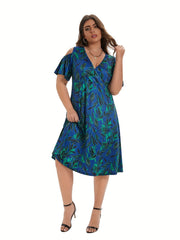 Plus Leaf Print Short Sleeve Cold Shoulder Midi Dress