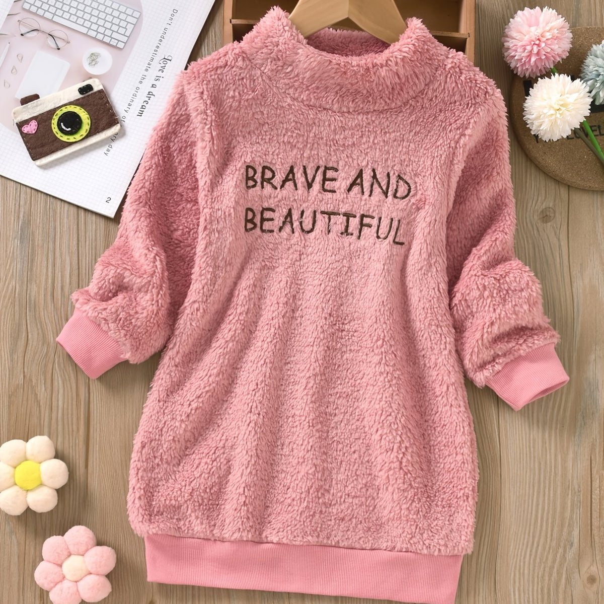 Girls Warm Fleece Dress with Letter Embroidery