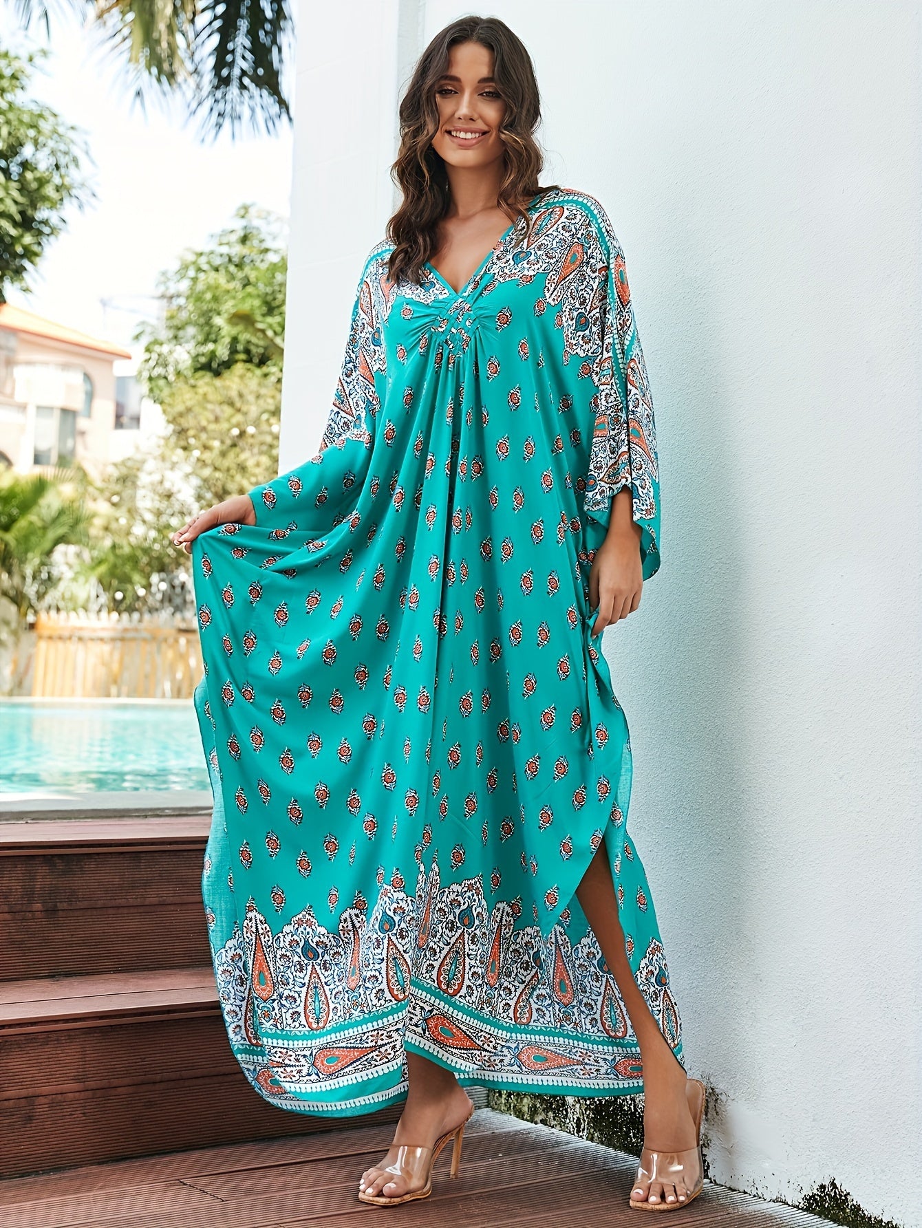 Boho Paisley Floral Batwing Sleeve Plus Size Dress