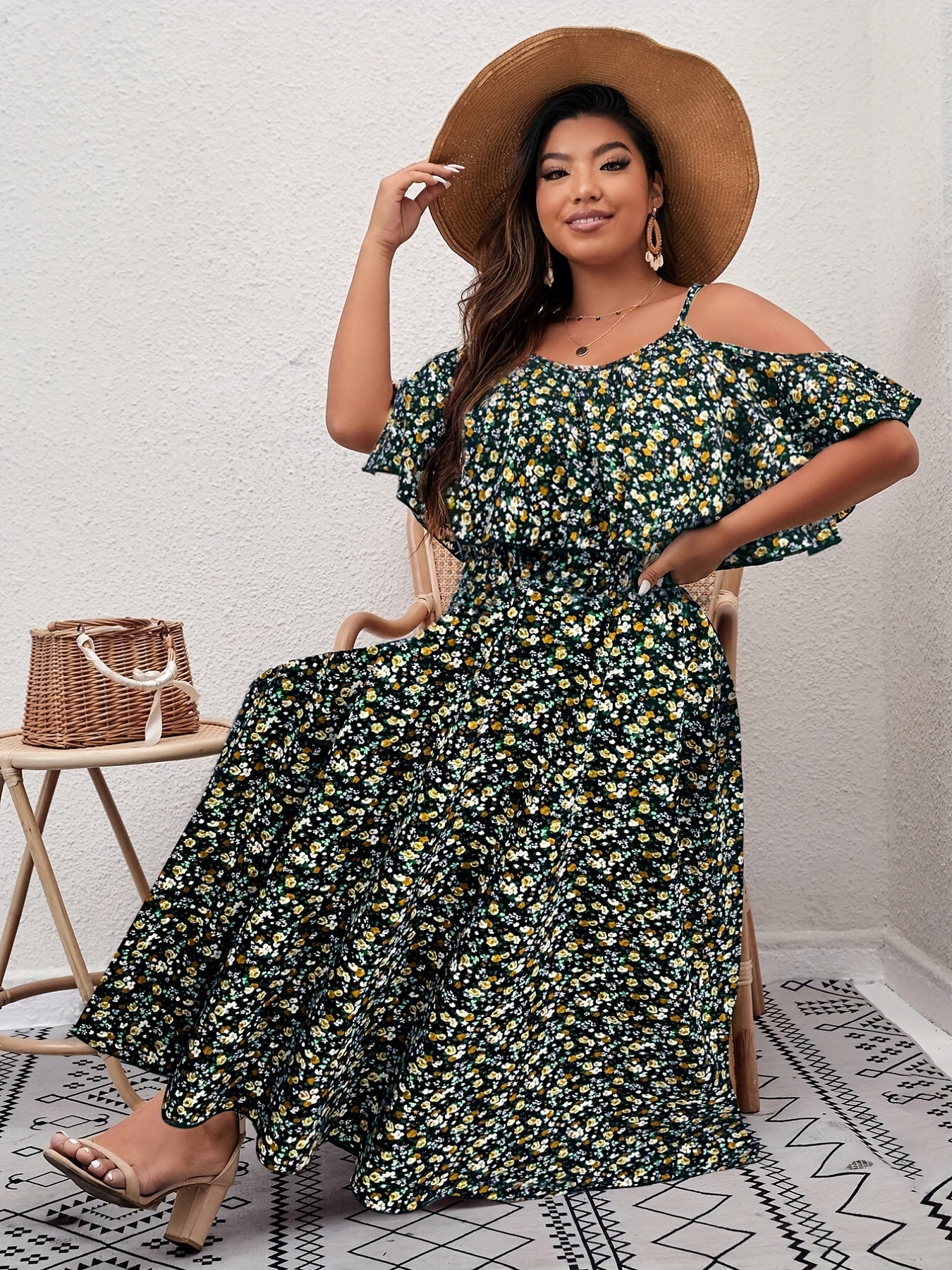  Ditsy Print Cold Shoulder Ruffle Trim Midi Dress