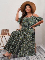  Ditsy Print Cold Shoulder Ruffle Trim Midi Dress