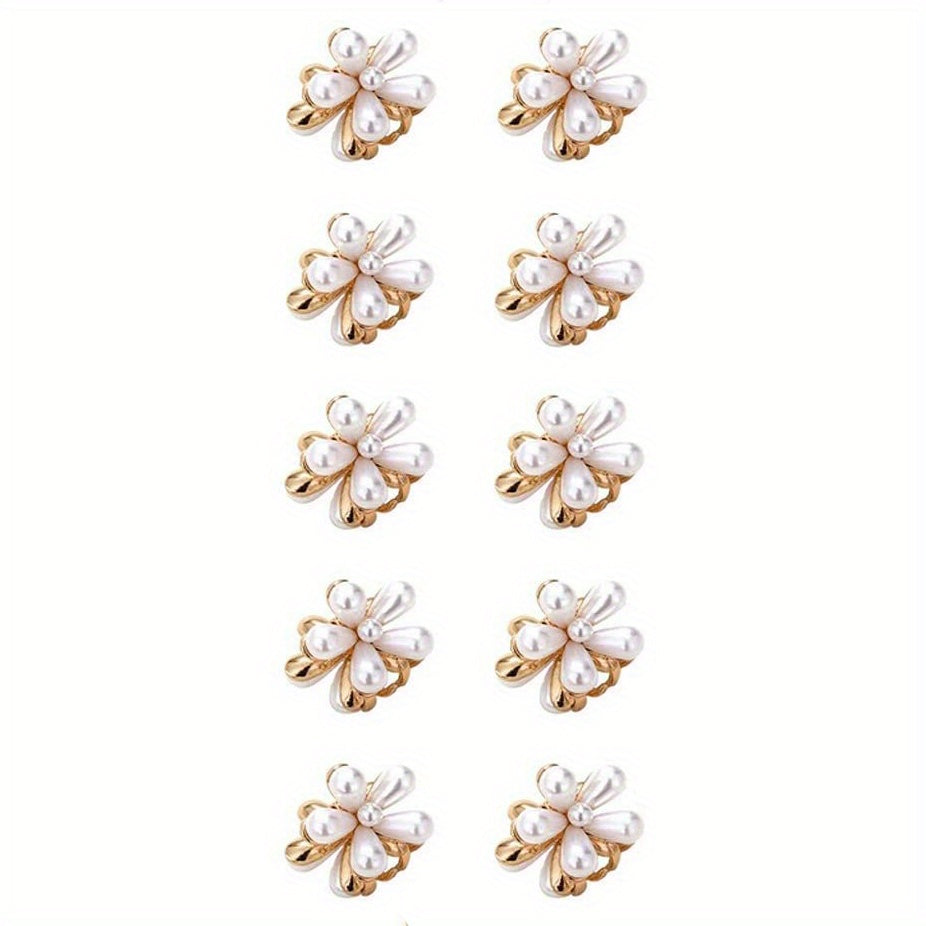 10pcs Faux Pearl Hair Clips with Flower Embellishments