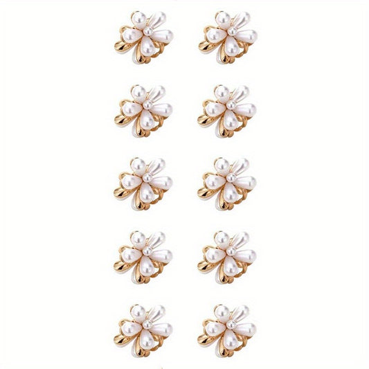 10pcs Faux Pearl Hair Clips with Flower Embellishments