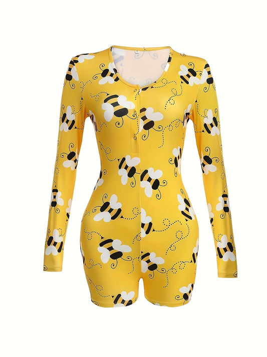 Bee Print Lounge Romper Long Sleeve V Neck Buttons Romper Women's Loungewear