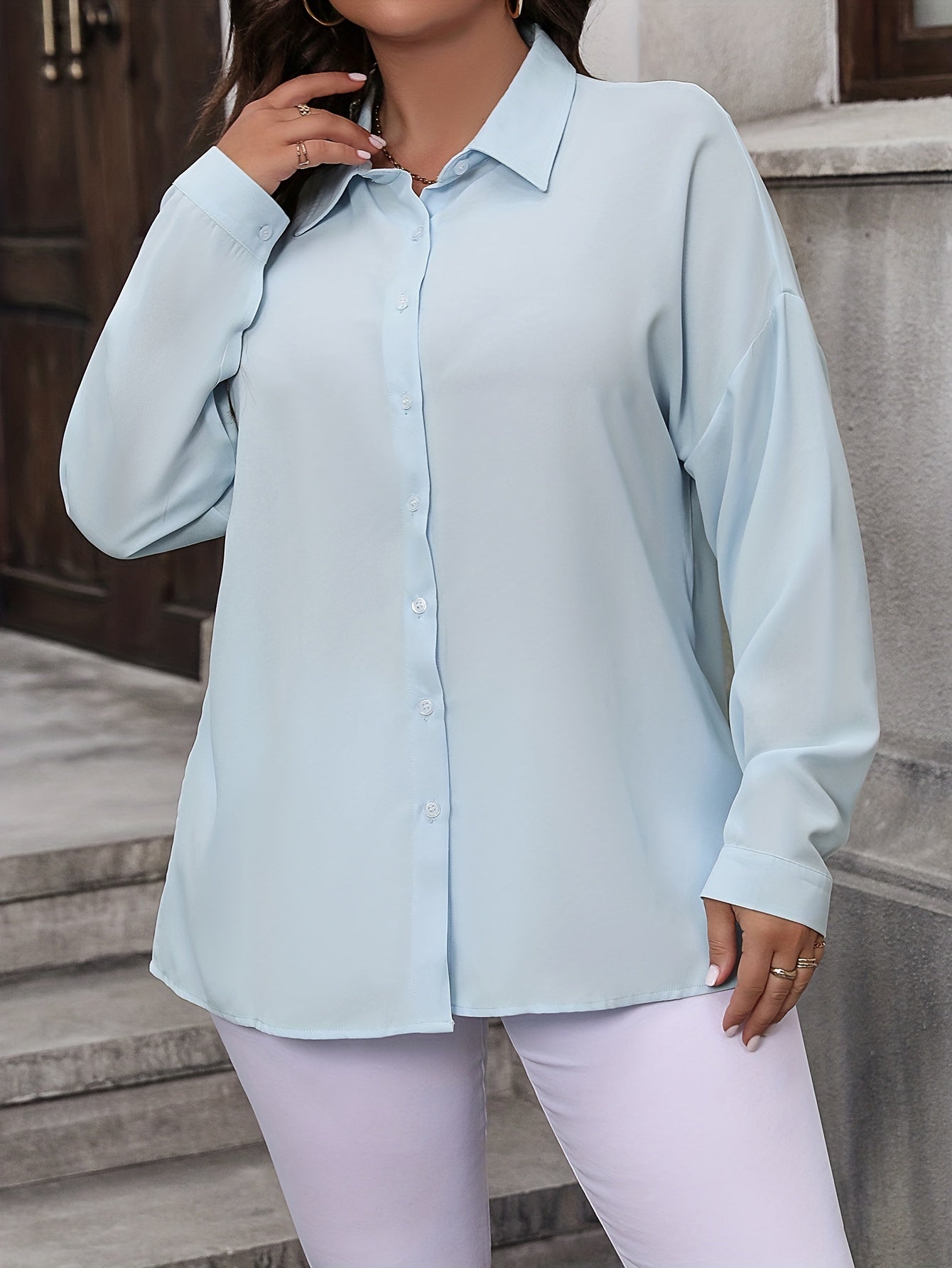  Solid Drop Shoulder Long Sleeve Blouse