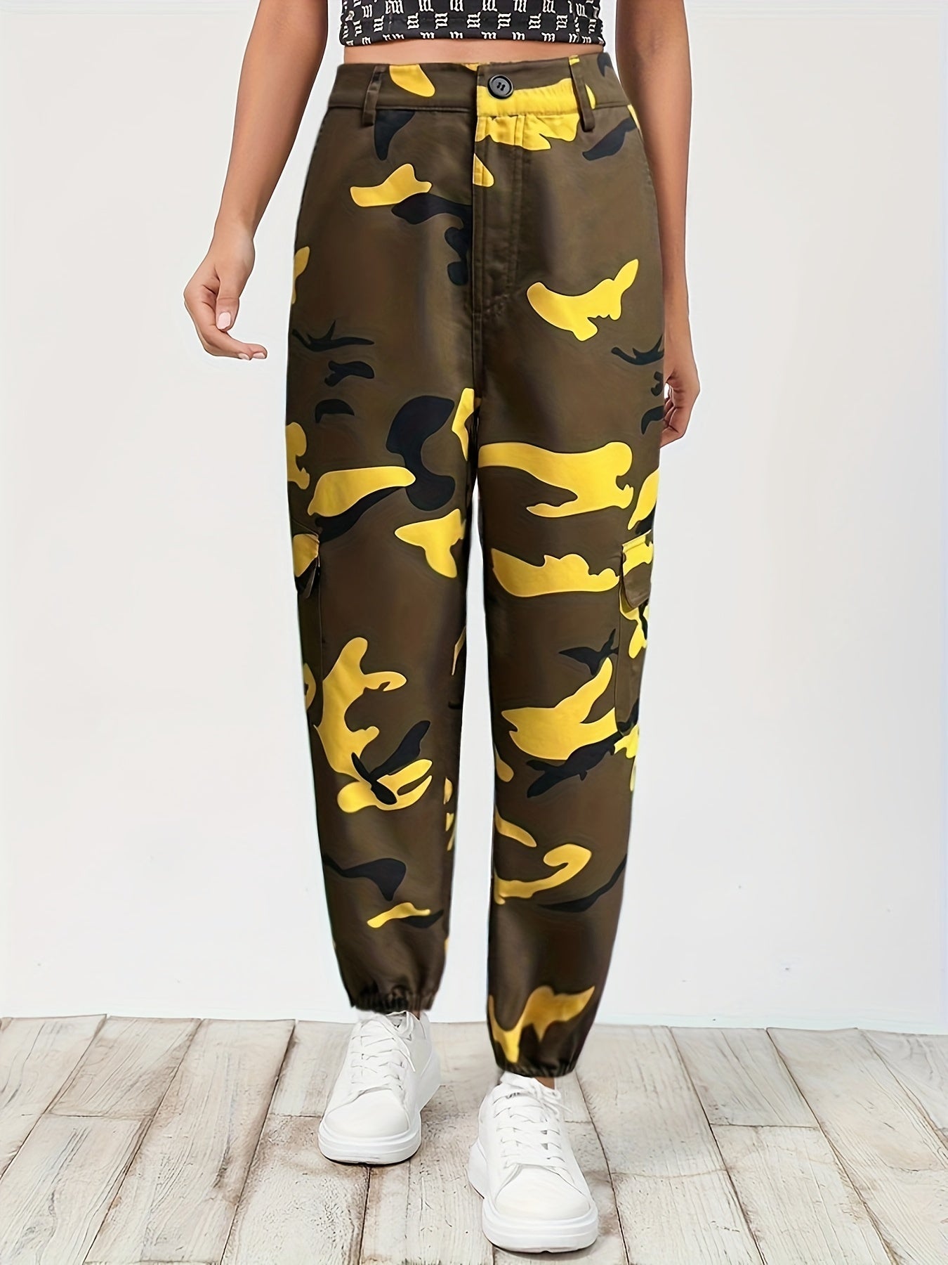 Women's Plus Camo Button Fly High Rise Jogger Cargo Trousers