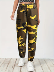 Women's Plus Camo Button Fly High Rise Jogger Cargo Trousers