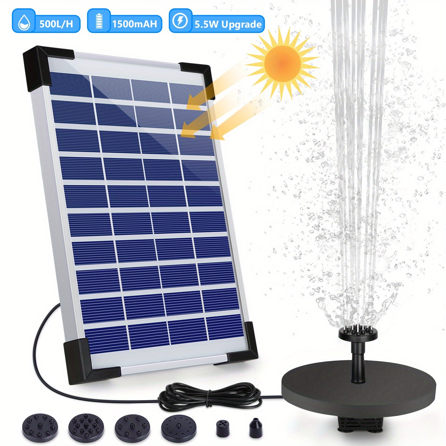 1 8W Solar Fountain Water Pump 6 Nozzles Panel Bird Bath Outdoor Fountain