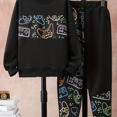 Gamepad Pattern Boy's 2pcs Hoodie & Sweatpants Set Street Style Casual Outfits