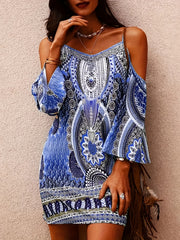 Ethnic Floral Cold Shoulder Dress Boho Summer Mini Cami Dress