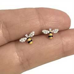 Zircon Bee Stud Earrings Silver Plated Minimalist Style Jewelry