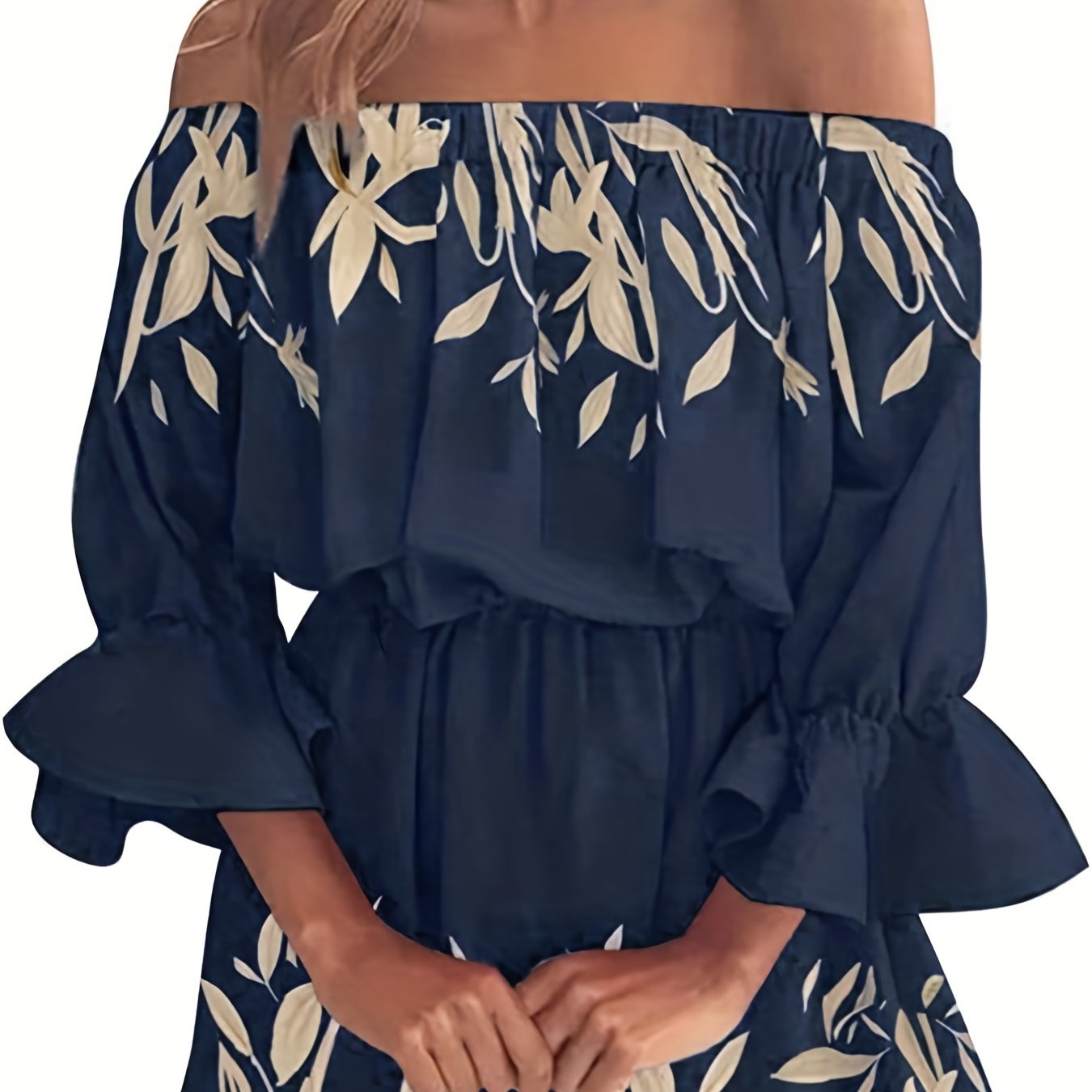 Boho Leaf Off Shoulder Dress Sexy Ruffle Sleeve Dress