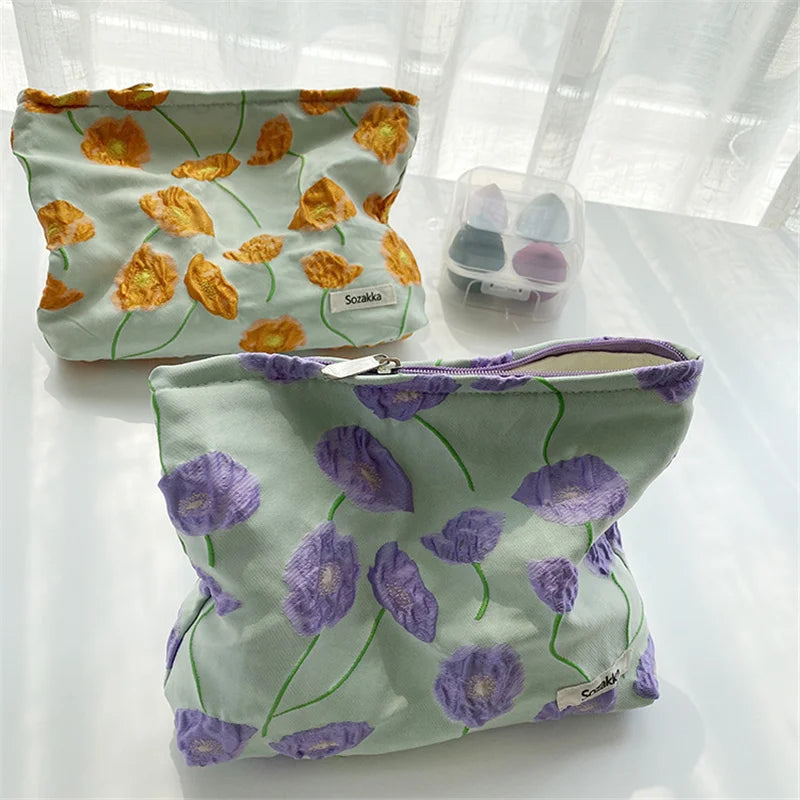 Relief Flowers Print Cosmetic Bag Canvas Washing Bag Large Capacity