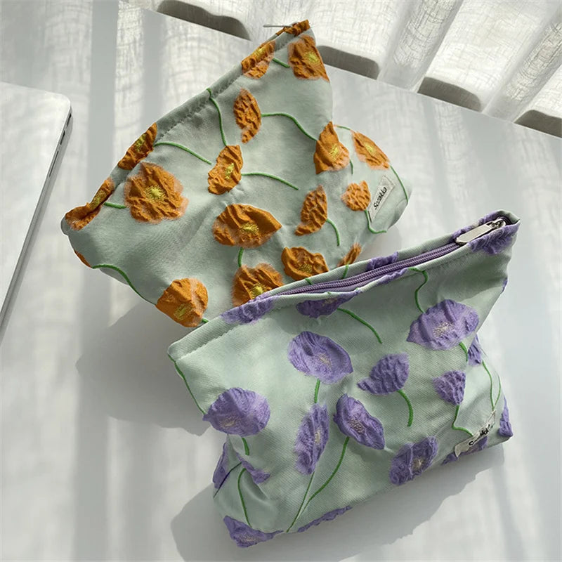 Relief Flowers Print Cosmetic Bag Canvas Washing Bag Large Capacity