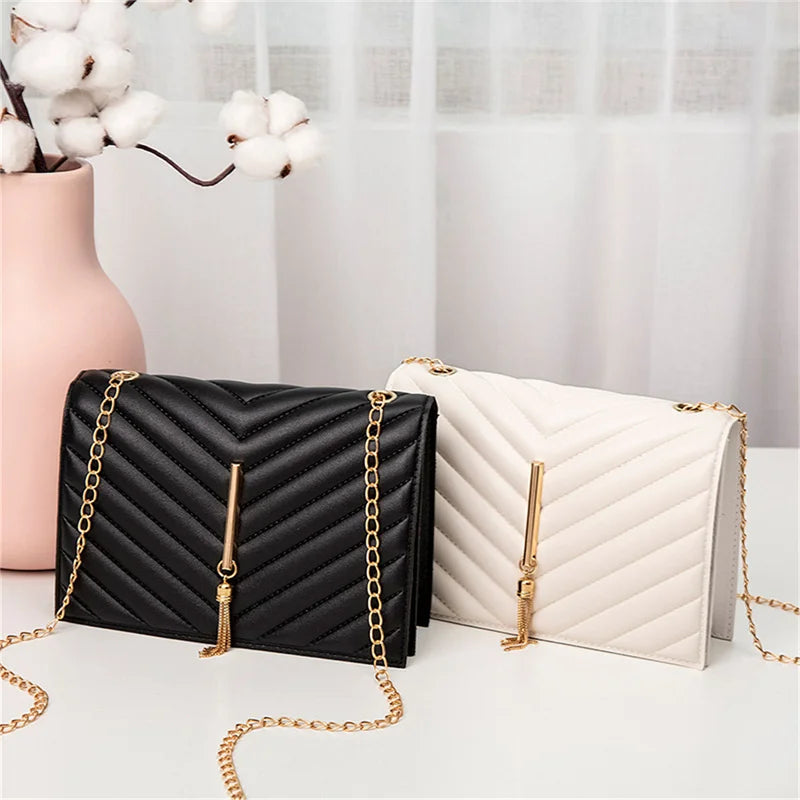 V Pattern Lattice Small Shoulder Bag Embroidered PU Leather Handbag for Women