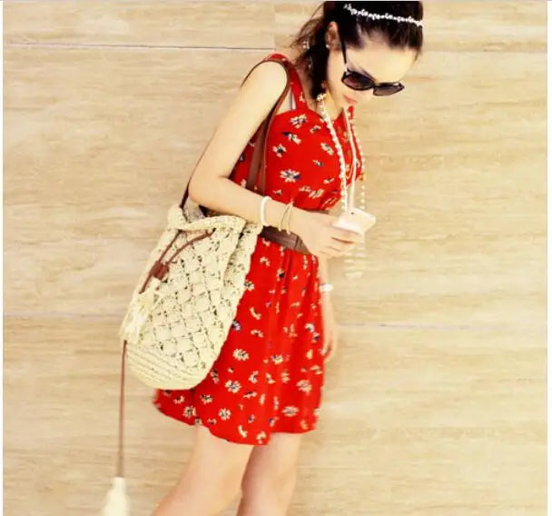 Woman Crochet Shoulder Bag Rattan Straw Beach Hollow Out Bag