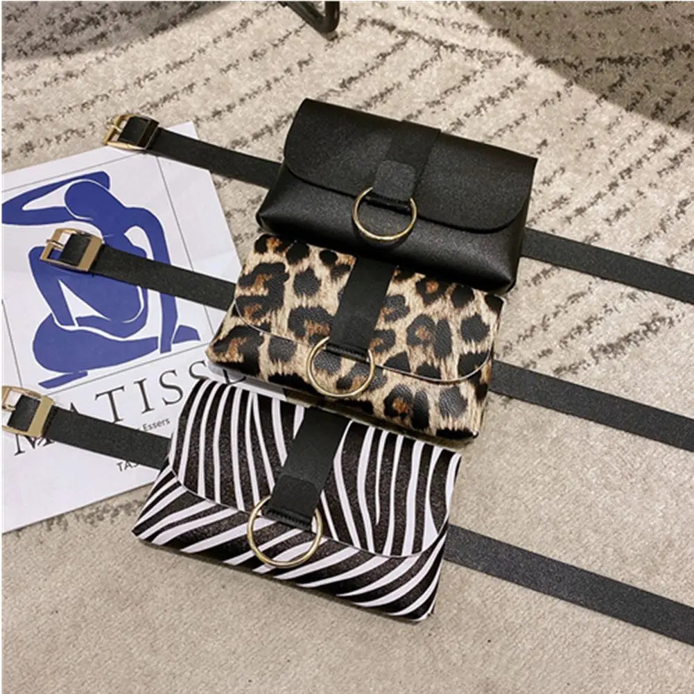 Leather Fanny Pack Ladies Belt Bag Leopard Stripe Waist Bag