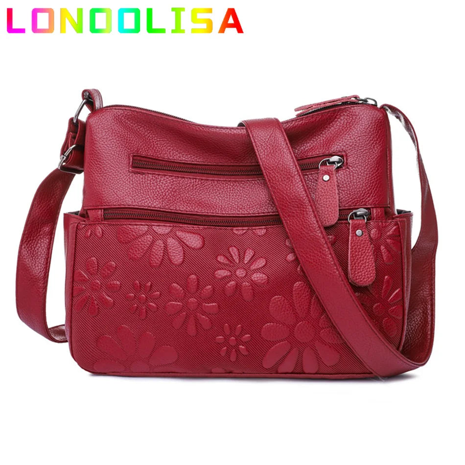 2 Layers Women's Shoulder Crossbody Handbags Multi-pocket Leather Messenger