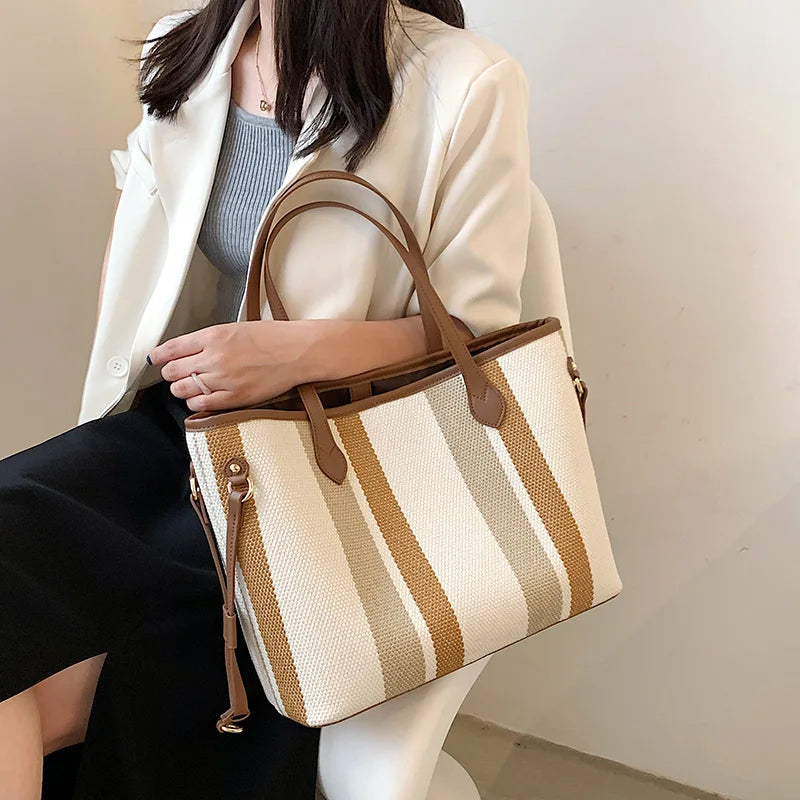 2 Pcs High Capacity Canvas Shoulder Bag For Women Striped Handbags