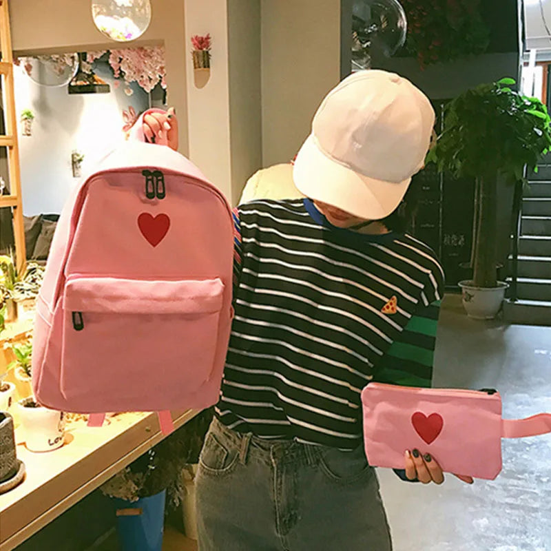 Canvas Love Heart Printed Women Backpack Set
