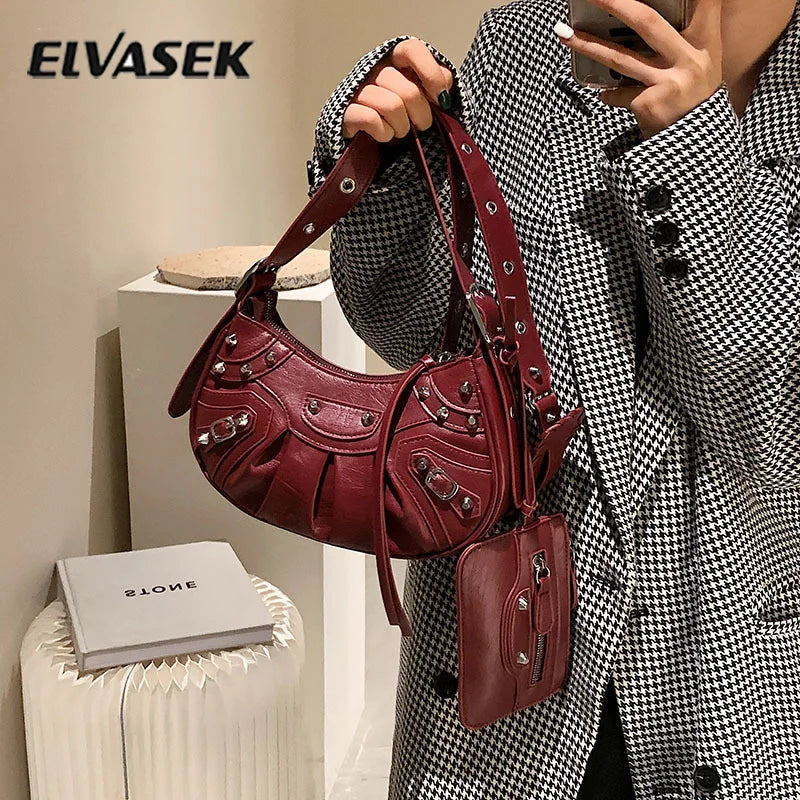 2 Pcs/set Rivets Half Moon Crossbody Bag Punk Style Shoulder Bag