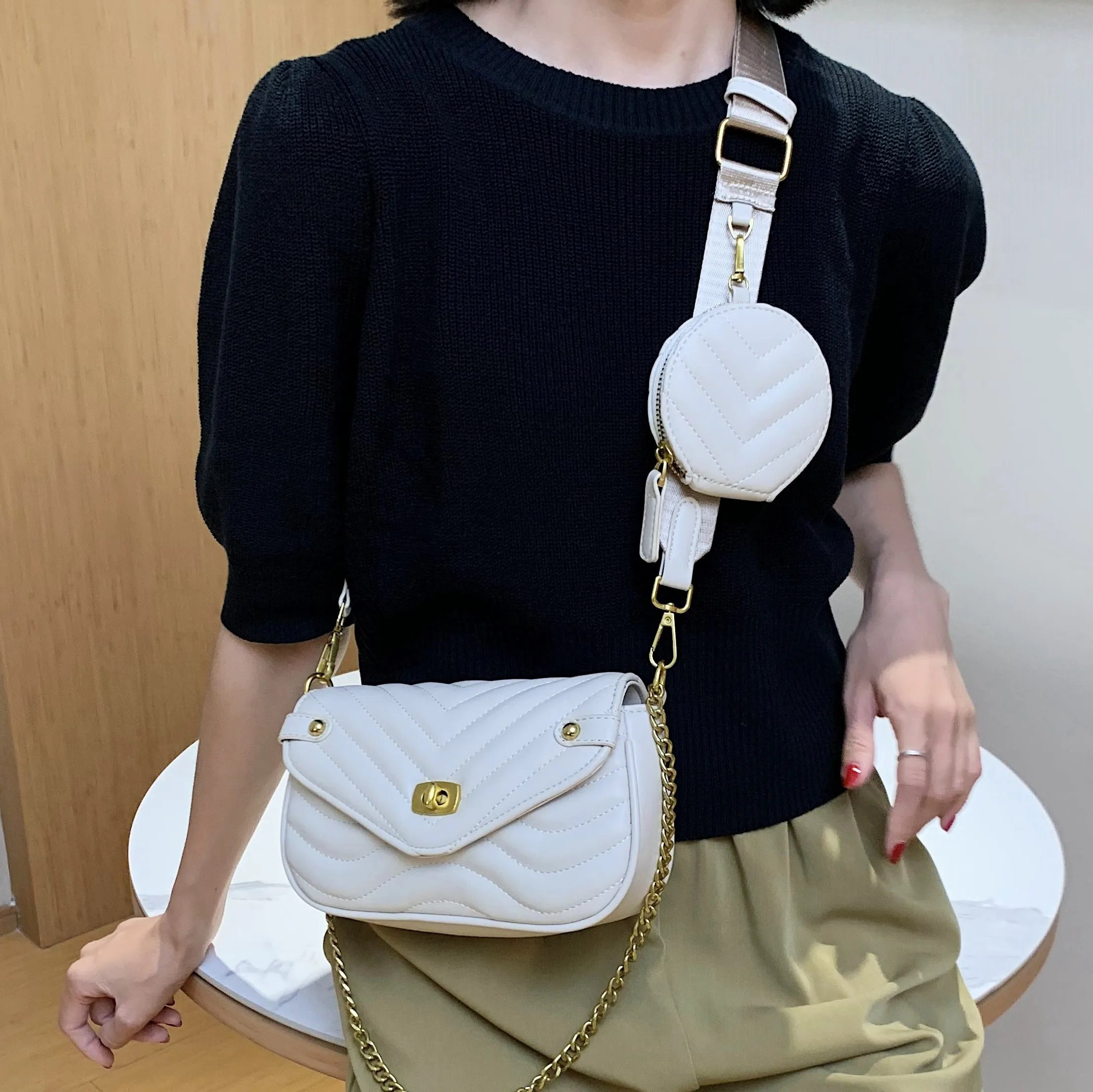 2 Pcs/set Small PU Leather Crossbody Bag Chain Shoulder Handbags