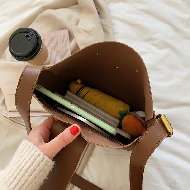Vintage PU Leather Bucket Crossbody Bags for Women Shoulder Lady Handbags