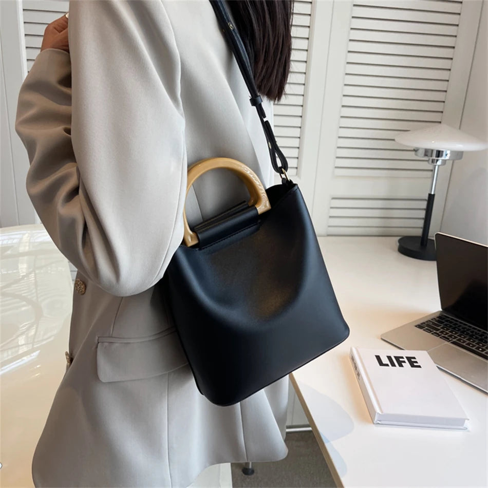Women's Small PU Leather Bucket Bag Short Handle Shoulder Crossbody Bags