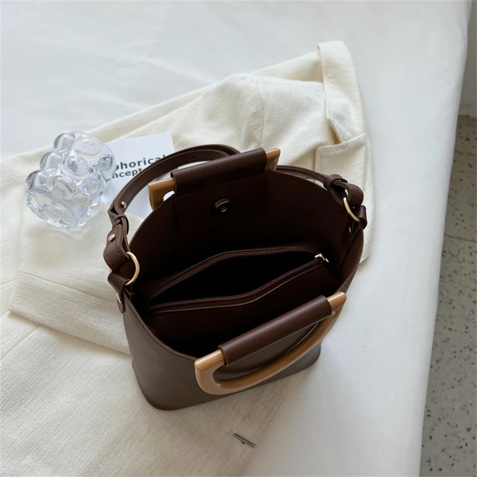 Women's Small PU Leather Bucket Bag Short Handle Shoulder Crossbody Bags