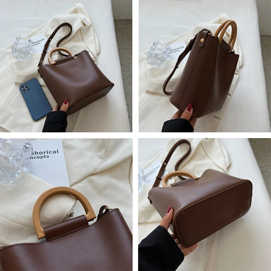 Women's Small PU Leather Bucket Bag Short Handle Shoulder Crossbody Bags