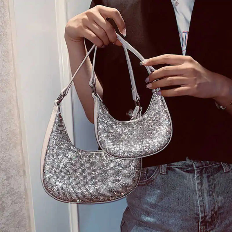 Bright Drill Chain Single Shoulder Bag Shimmer Diamonds PU Leather