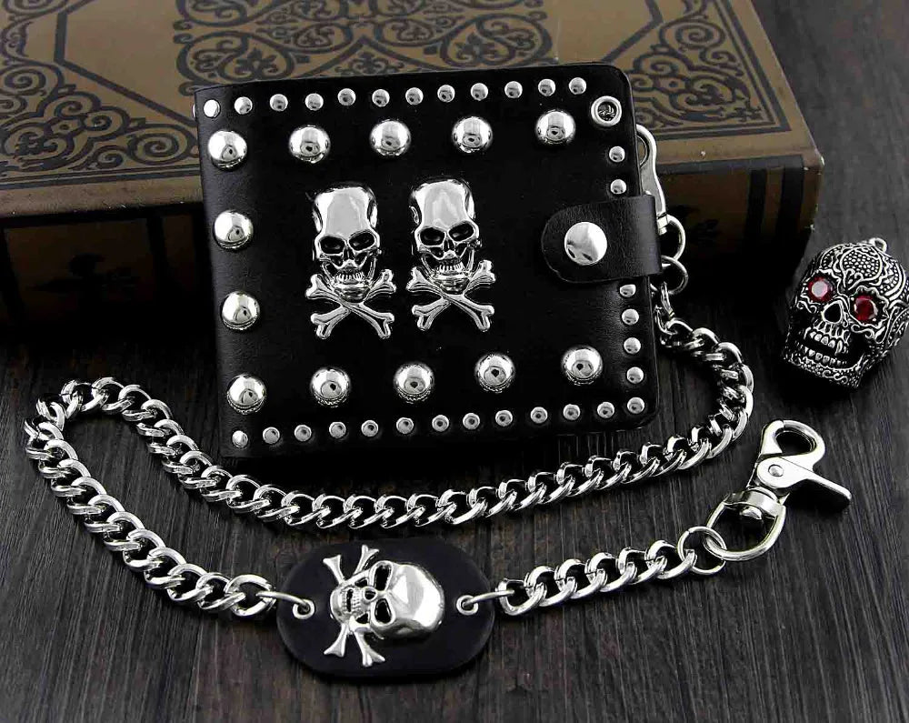 2 Skulls Mens Biker Leather Wallet with Chain