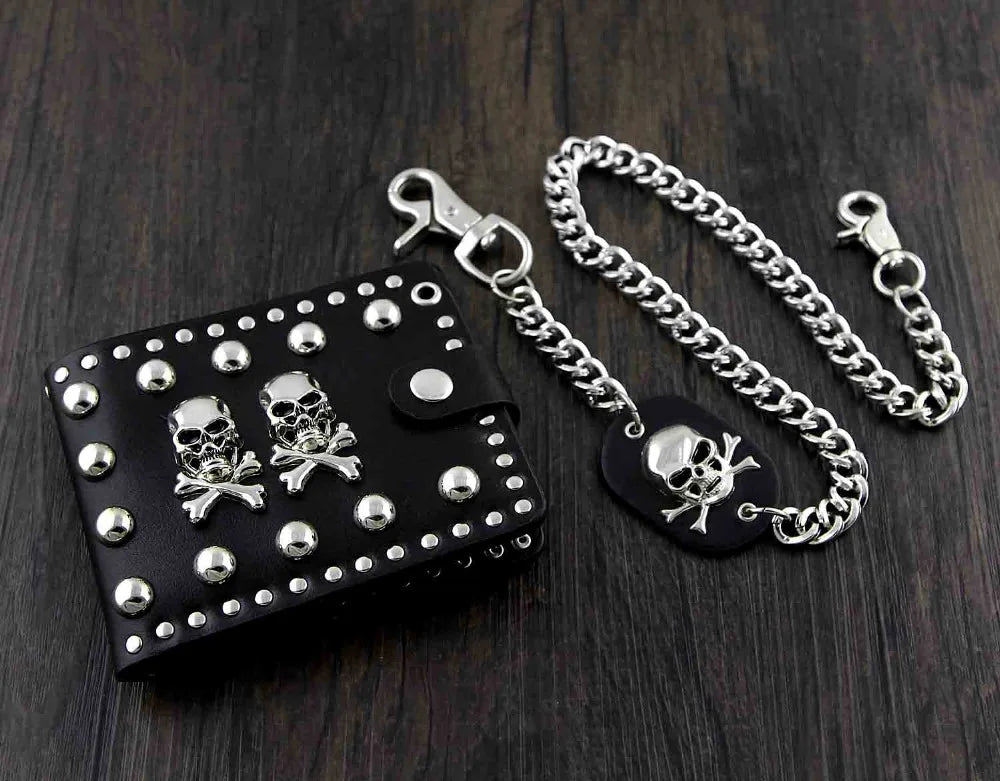 2 Skulls Mens Biker Leather Wallet with Chain