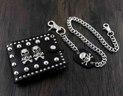2 Skulls Mens Biker Leather Wallet with Chain