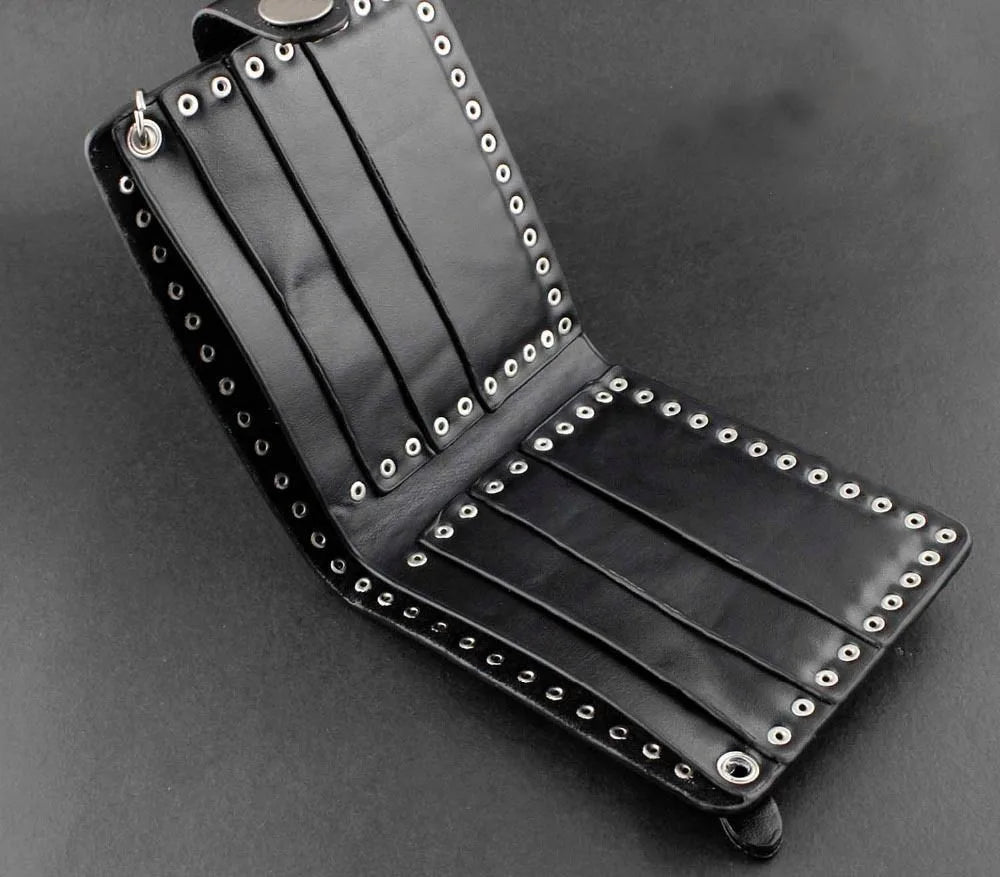 2 Skulls Mens Biker Leather Wallet with Chain