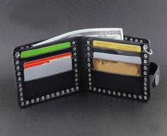 2 Skulls Mens Biker Leather Wallet with Chain