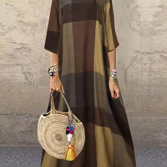  Colorblock Grid Print Half Sleeve Maxi Dress