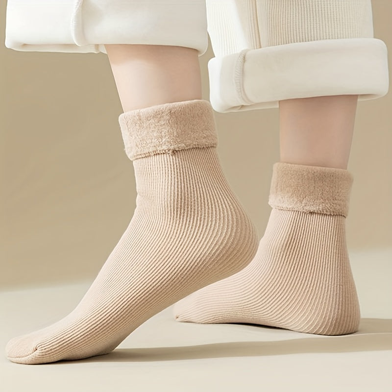 5 Pairs Plush Lined Socks Comfy Warm Ribbed Crew Socks Women's Stockings