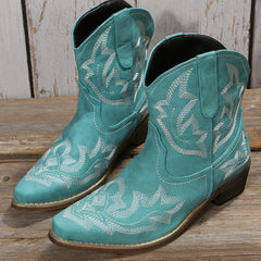 Women's V Cut Western Short Boots Low Chunky Heel Pointed Toe Shoes