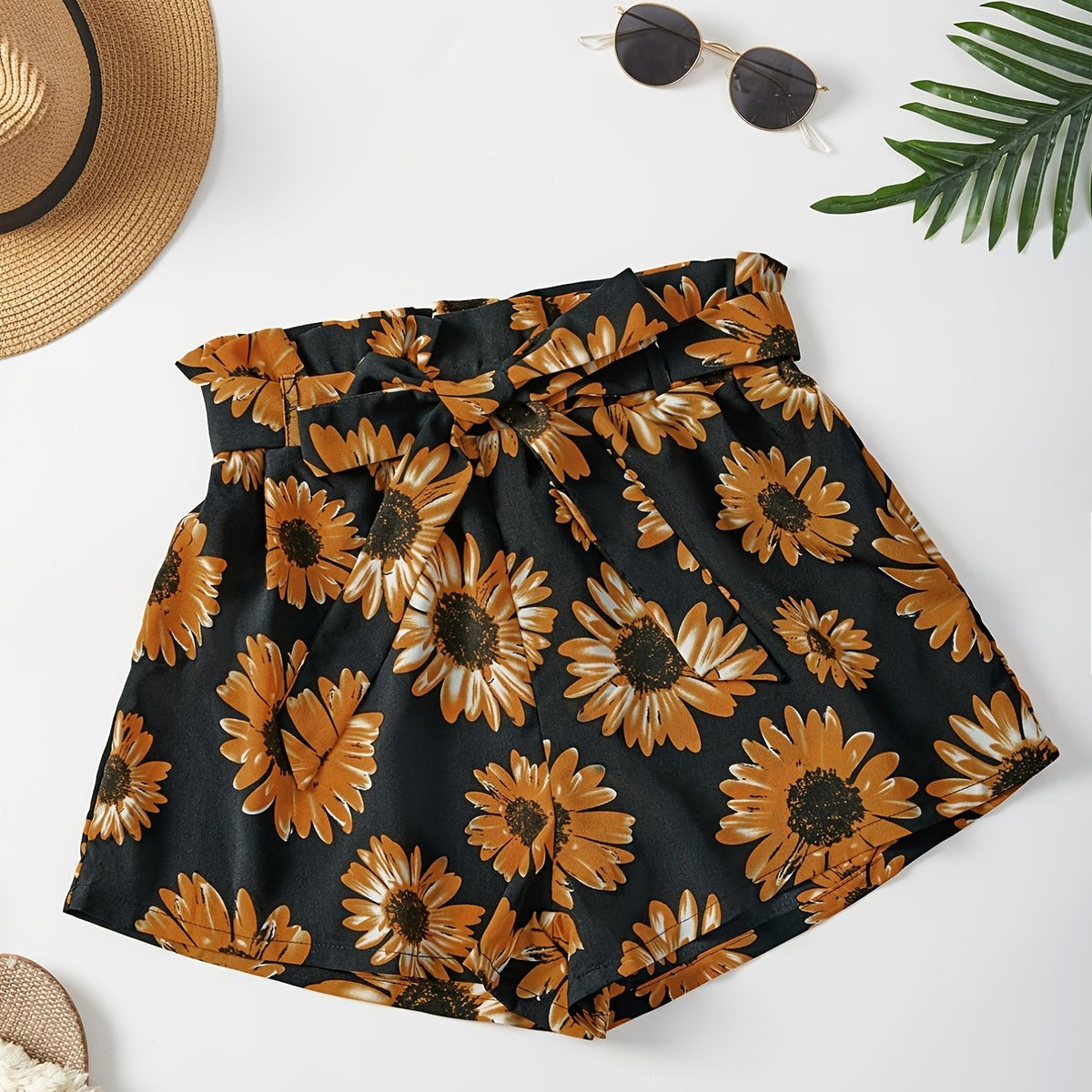 Sunflower Print Tie Waist Shorts for Spring & Summer