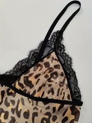  Leopard Print Lace Hollow Out Sexy Bodysuit